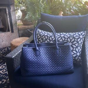 Lulu Dharma vegan leather navy woven tote. NWOT. Never used.